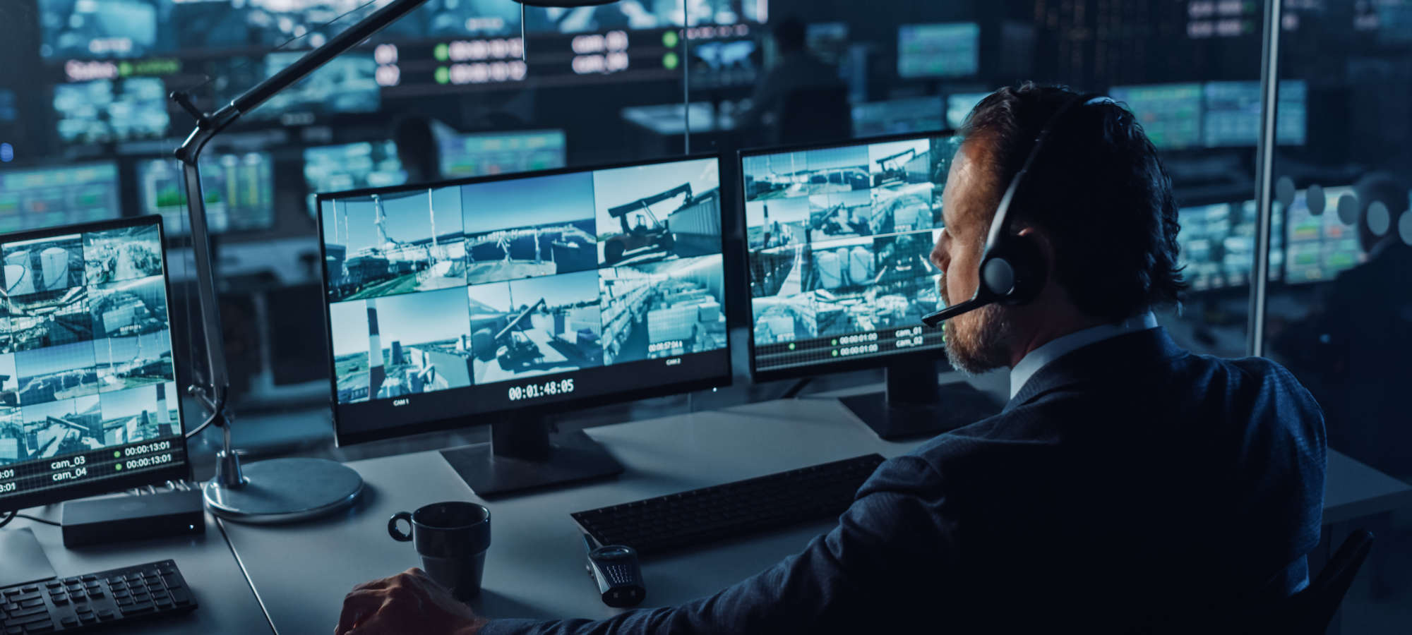 Security professional monitoring CCTV cameras